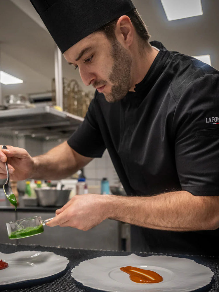 Short Sleeved Chef Jacket Marjoram Black by La Font - Get the best deal at ChefsCotton