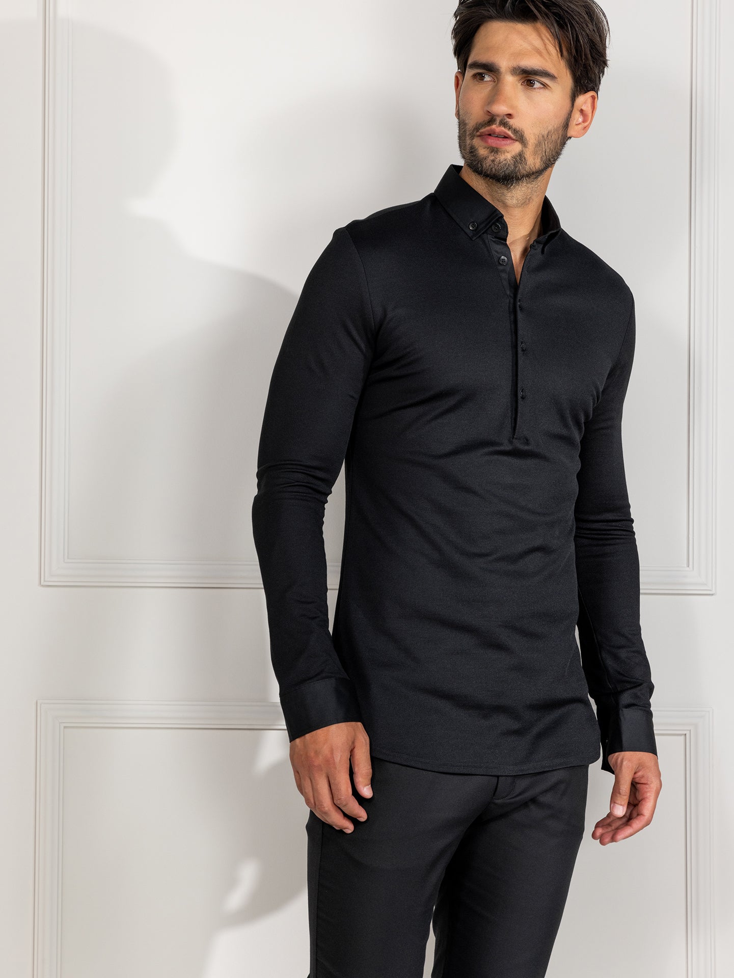 Longsleeve Polo Enzio Black by Le Nouveau Chef -  ChefsCotton