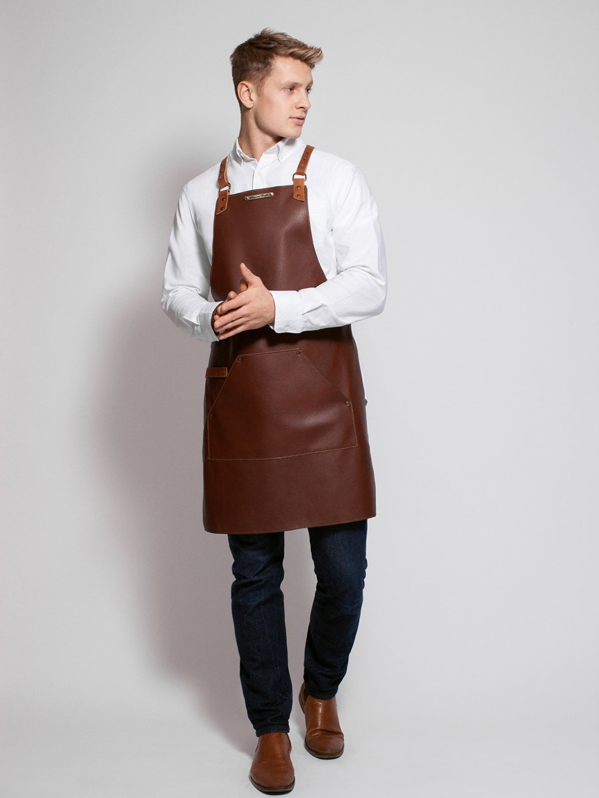 Leather Apron Cross Strap Deluxe Brown by Handcrafted Leather Aprons -  ChefsCotton