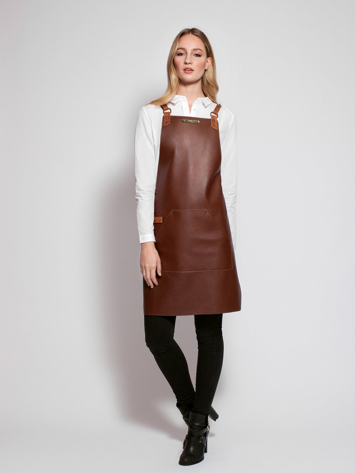 Leather Apron Cross Strap Deluxe Brown by Handcrafted Leather Aprons -  ChefsCotton