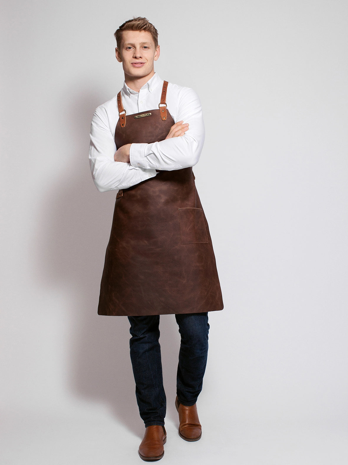 Leather Apron Cross Strap Rustic Brown by Handcrafted Leather Aprons -  ChefsCotton