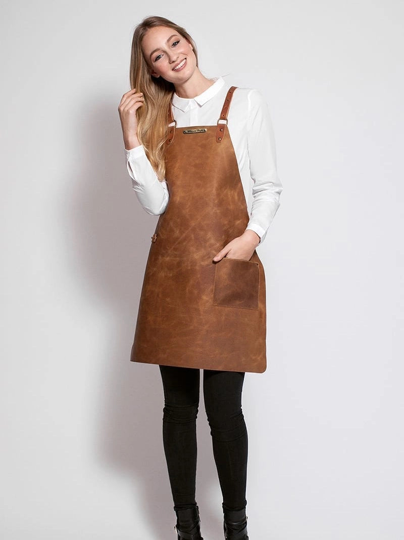 Leather Apron Cross Strap Rustic Whiskey by Handcrafted Leather Aprons -  ChefsCotton