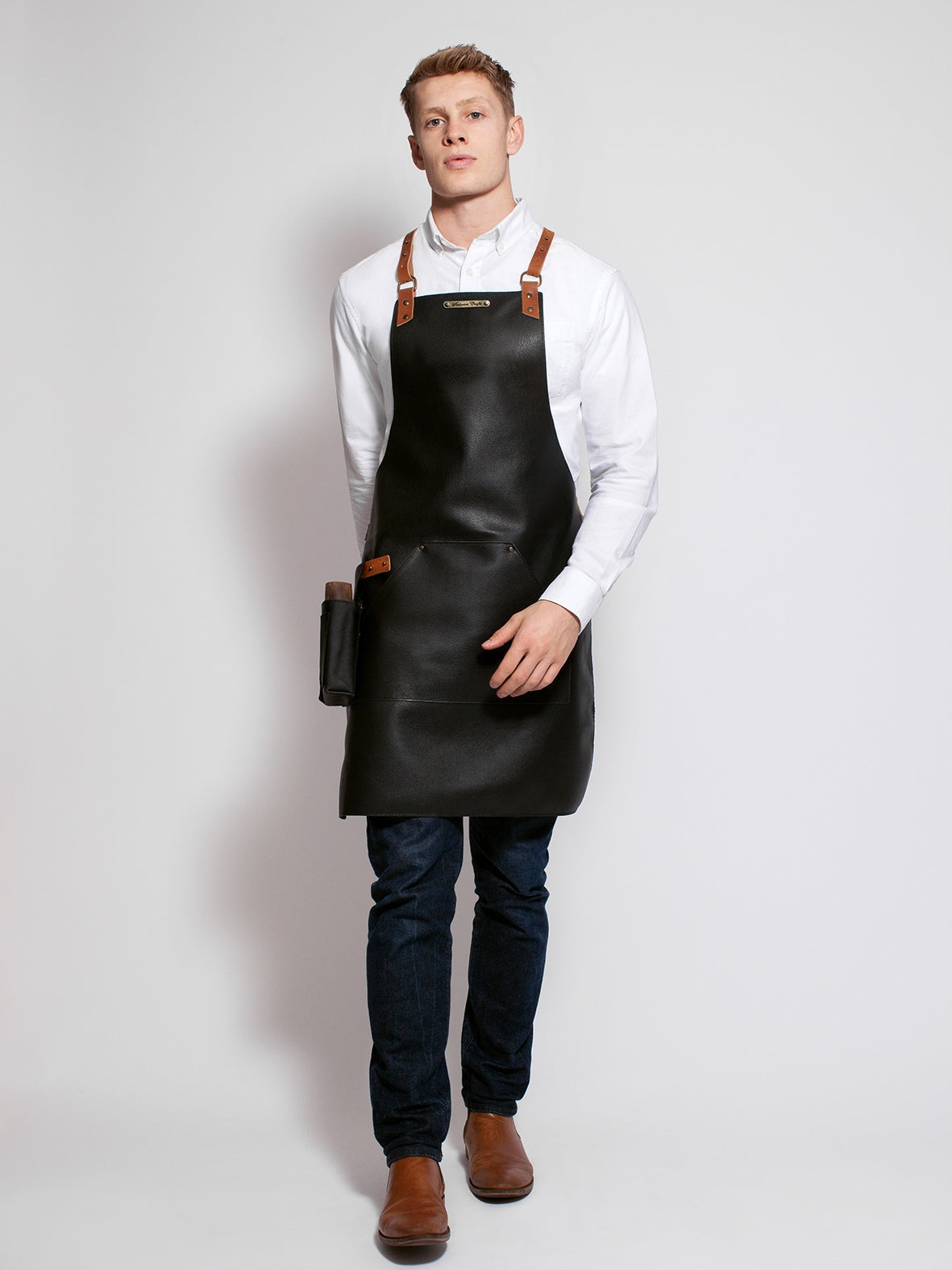 Leather Apron Cross Strap Deluxe Black by STW -  ChefsCotton