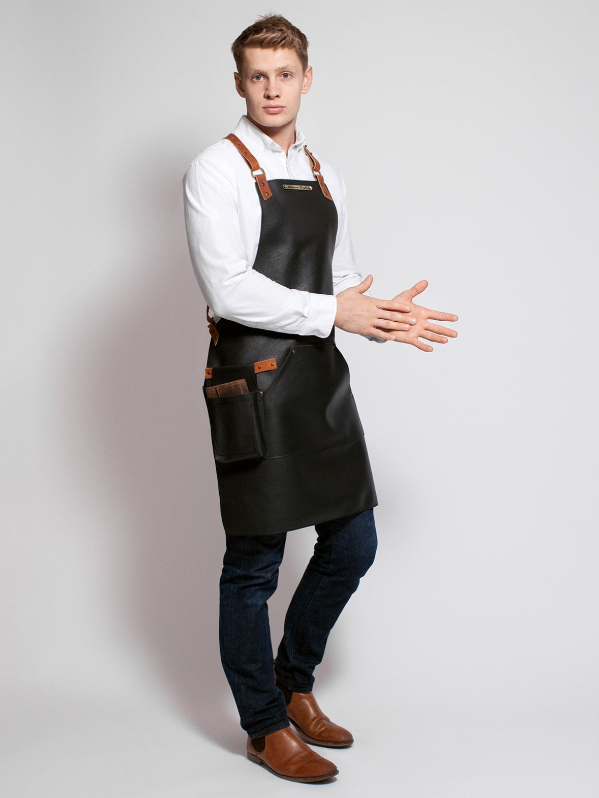 Leather Apron Cross Strap Deluxe Black by STW -  ChefsCotton