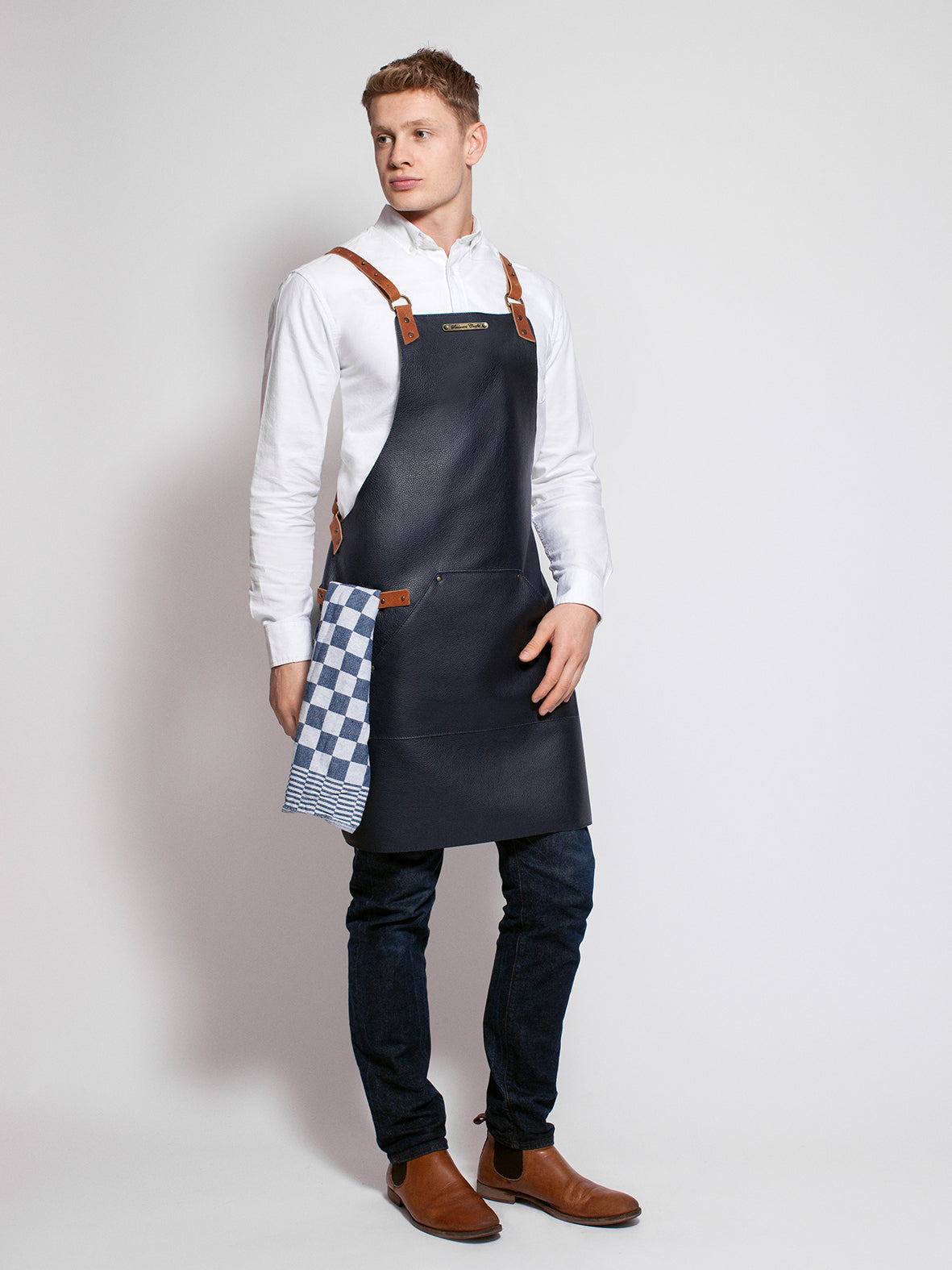 Leather Apron Cross Strap Deluxe Marine by STW -  ChefsCotton