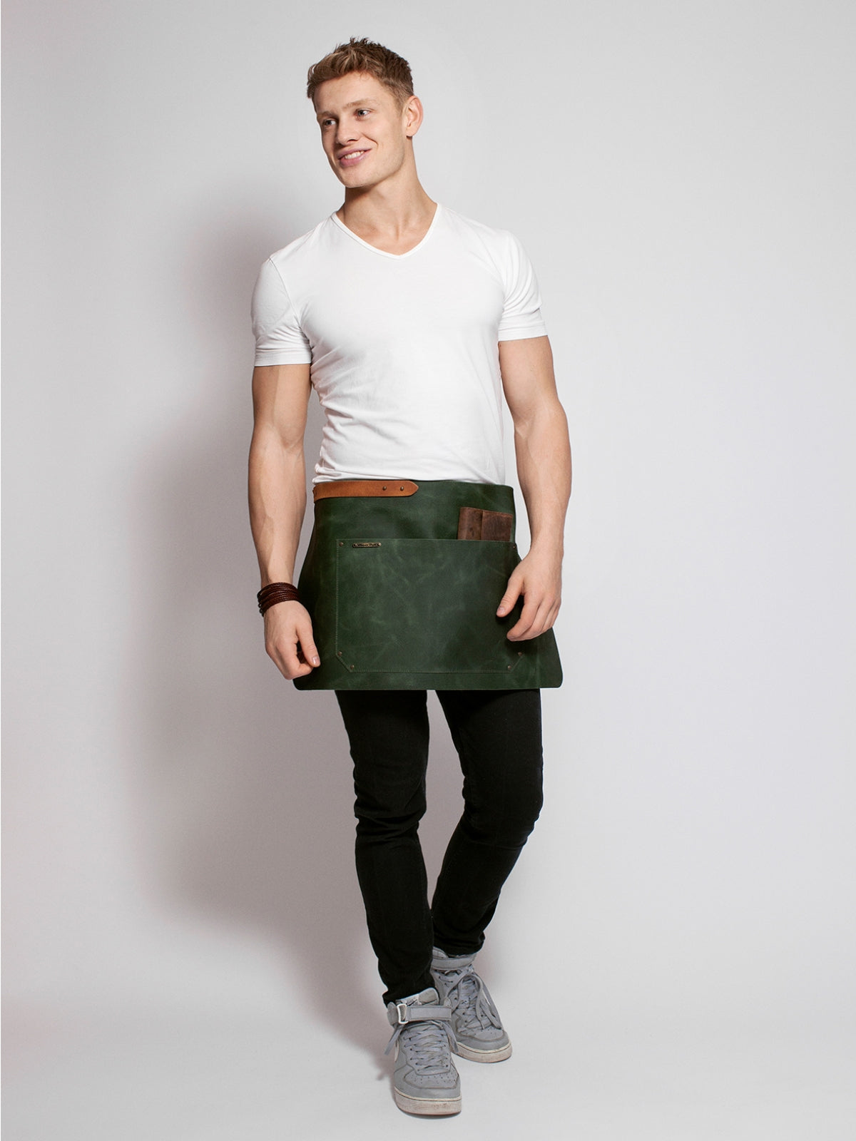 Leather Waist Apron Rustic Green by STW -  ChefsCotton