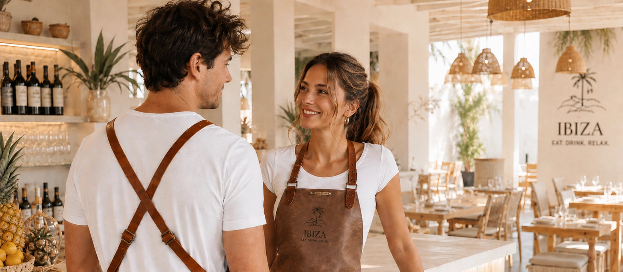 Shop Italian handcrafted leather aprons with logo or name personalisation summer 2026